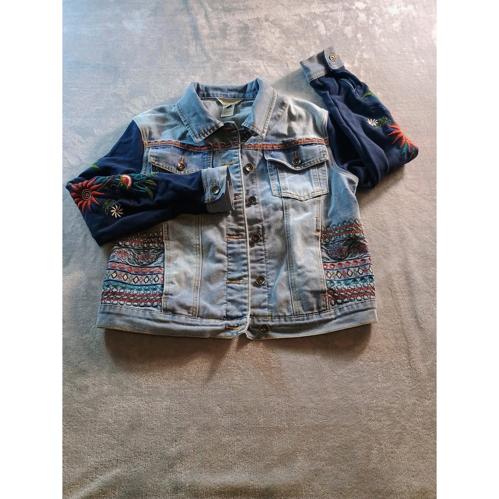 Multiples‎ Womens Denim Jacket Blue S Embroidered Mixed Media Boho